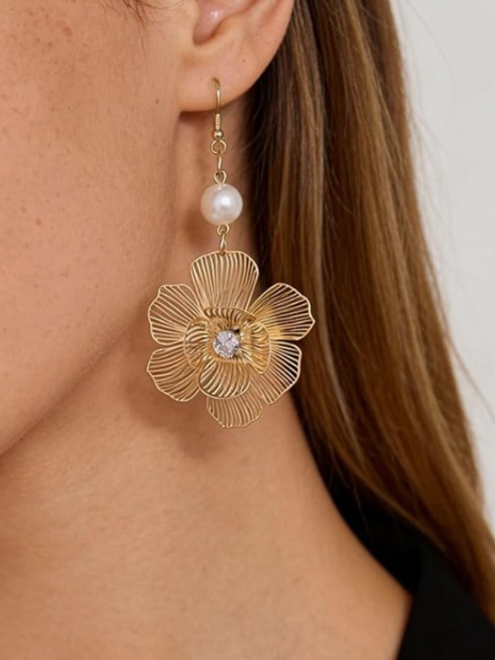 Anthropologie Gold Flower Drop Earrings with Pearl - Picture 4 of 6